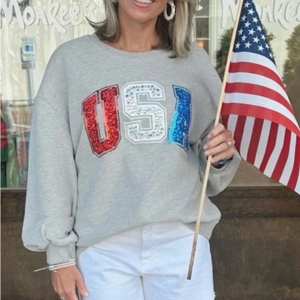 QUEEN OF SPARKLES Gray USA Sweater with Red and Blue Accents